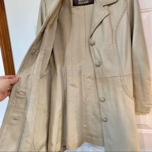 Vintage Leather Trench Coat Cream size L 14 - Picture 7 of 16